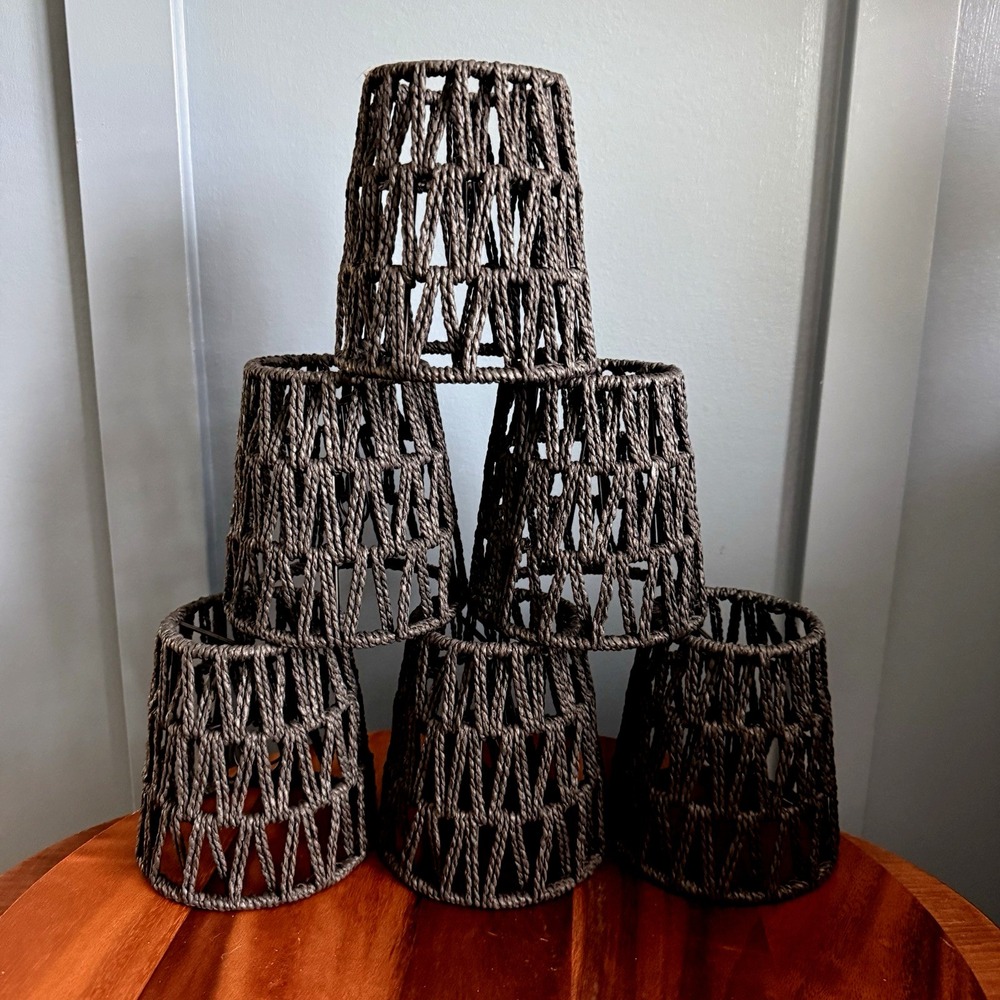 Set of 6 Clip-On Rattan Chandelier Lamp Shades Mini Black Woven Boho Empire